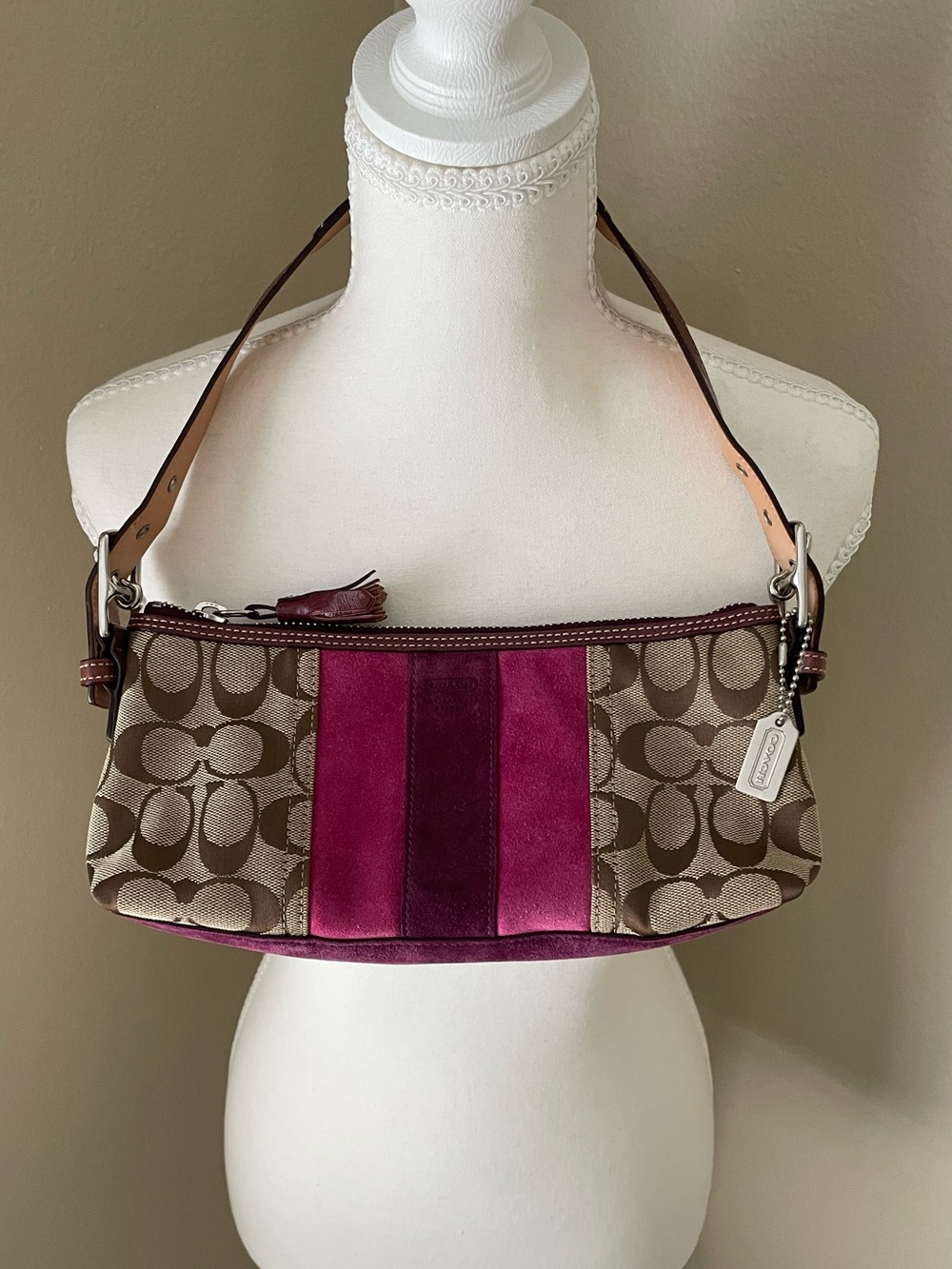 Vintage Coach 7039 Signature Stripe Suede Demi Baguette Shoulder Bag